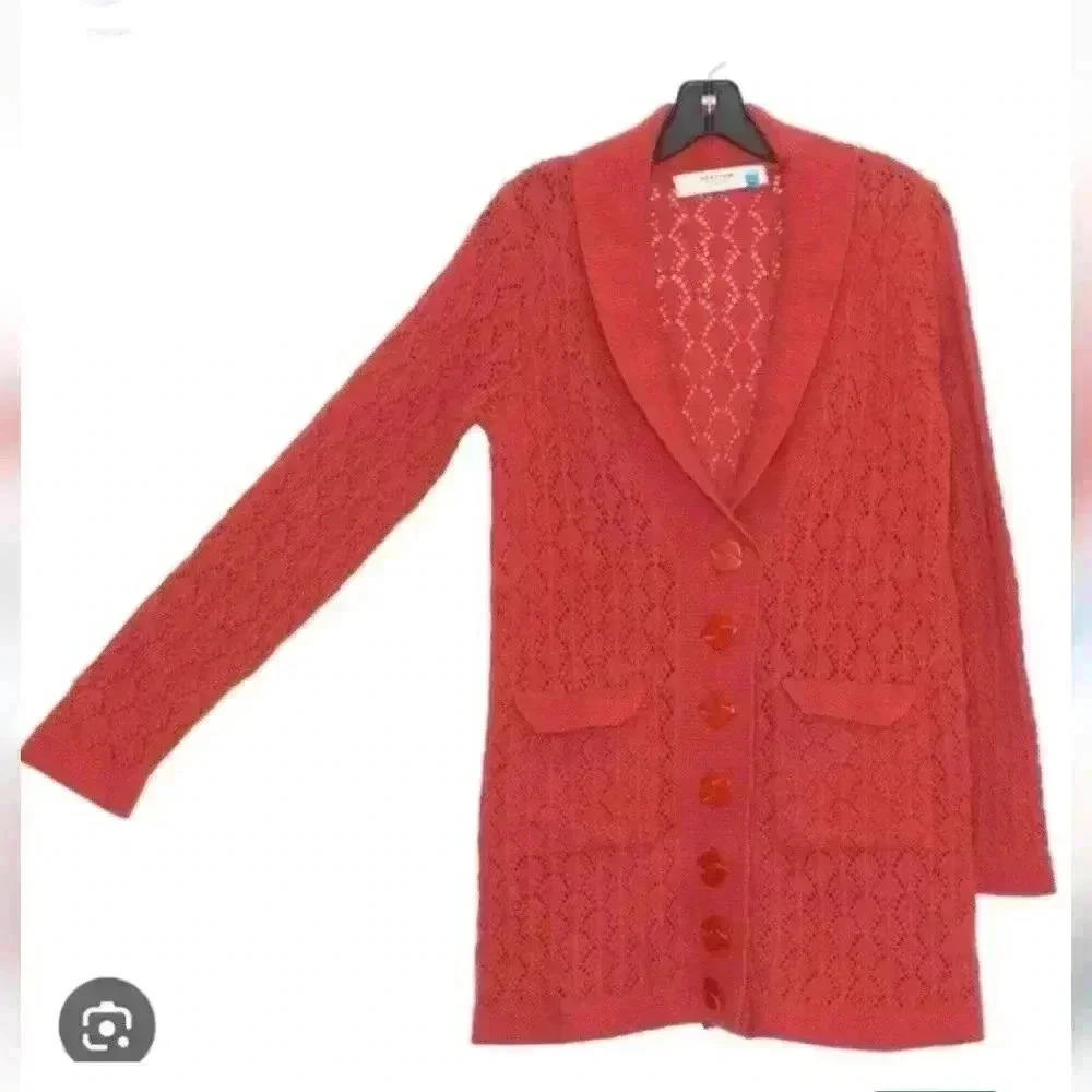 Anthropologie Sparrow Lambswool Pointelle Long Cardigan Burnt Orange Size M